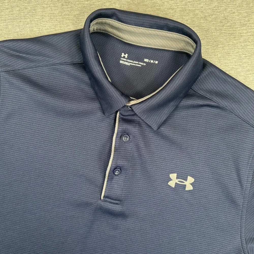 Under Armour Polo Shirt Men Medium Navy Blue Micro Stripe Loose Fit Short Sleeve